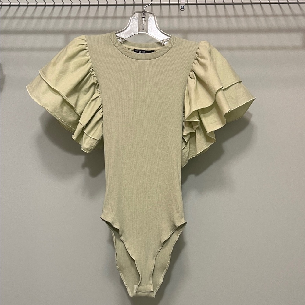 Women’s Zara Ruffled Bodysuit with Ruffle Sleeves Mint / Lime Green